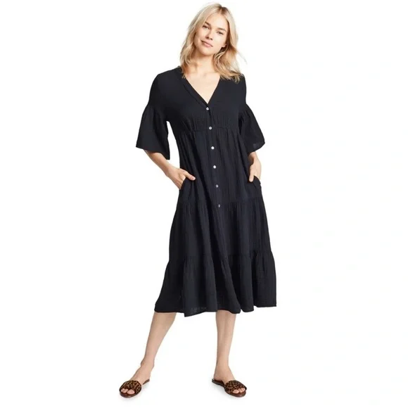 Xirena Black Kendall Tiered Midi Dress Size Large Cotton Gauze - Picture 2 of 13